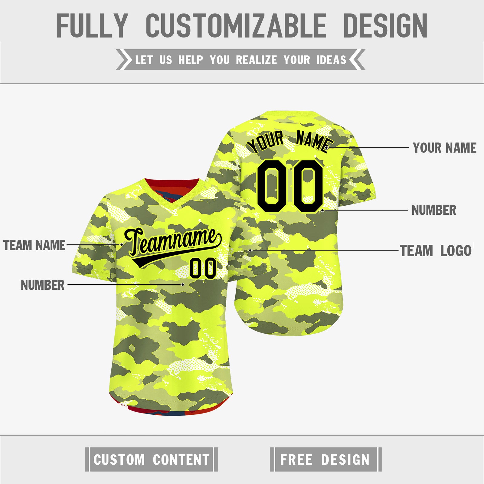 Custom Fluorescent Green Crimson Reversible Camo Stretch Fabric Baseball Jersey| KXKSHOP