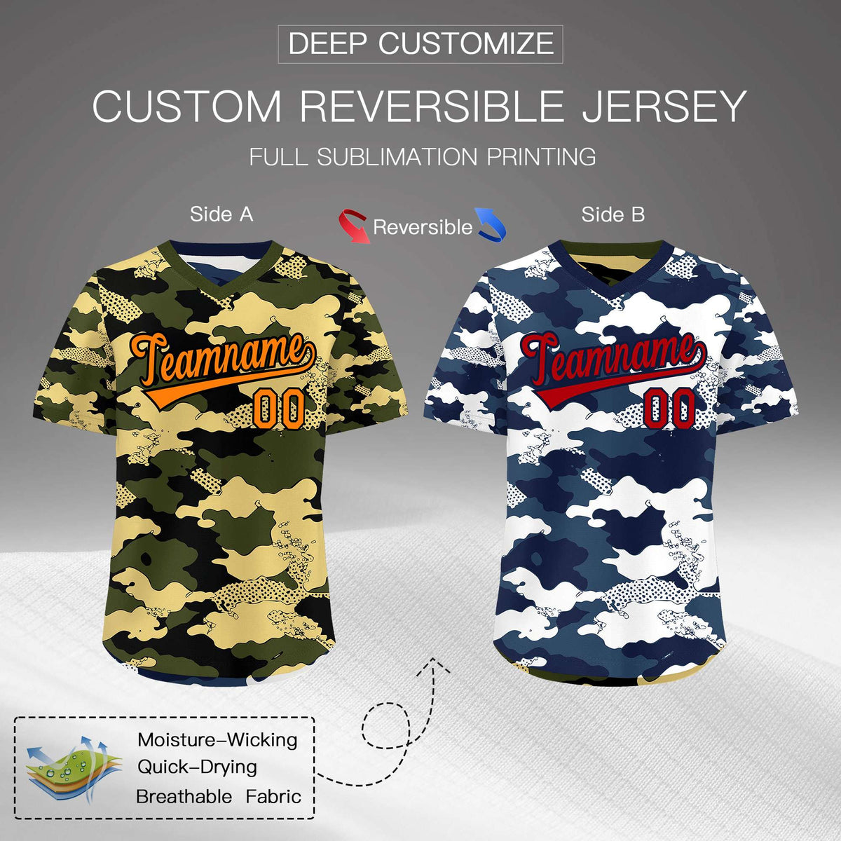 Custom Olive Khaki Midnight Blue Reversible Camo Stretch Fabric Baseball Jersey| KXKSHOP