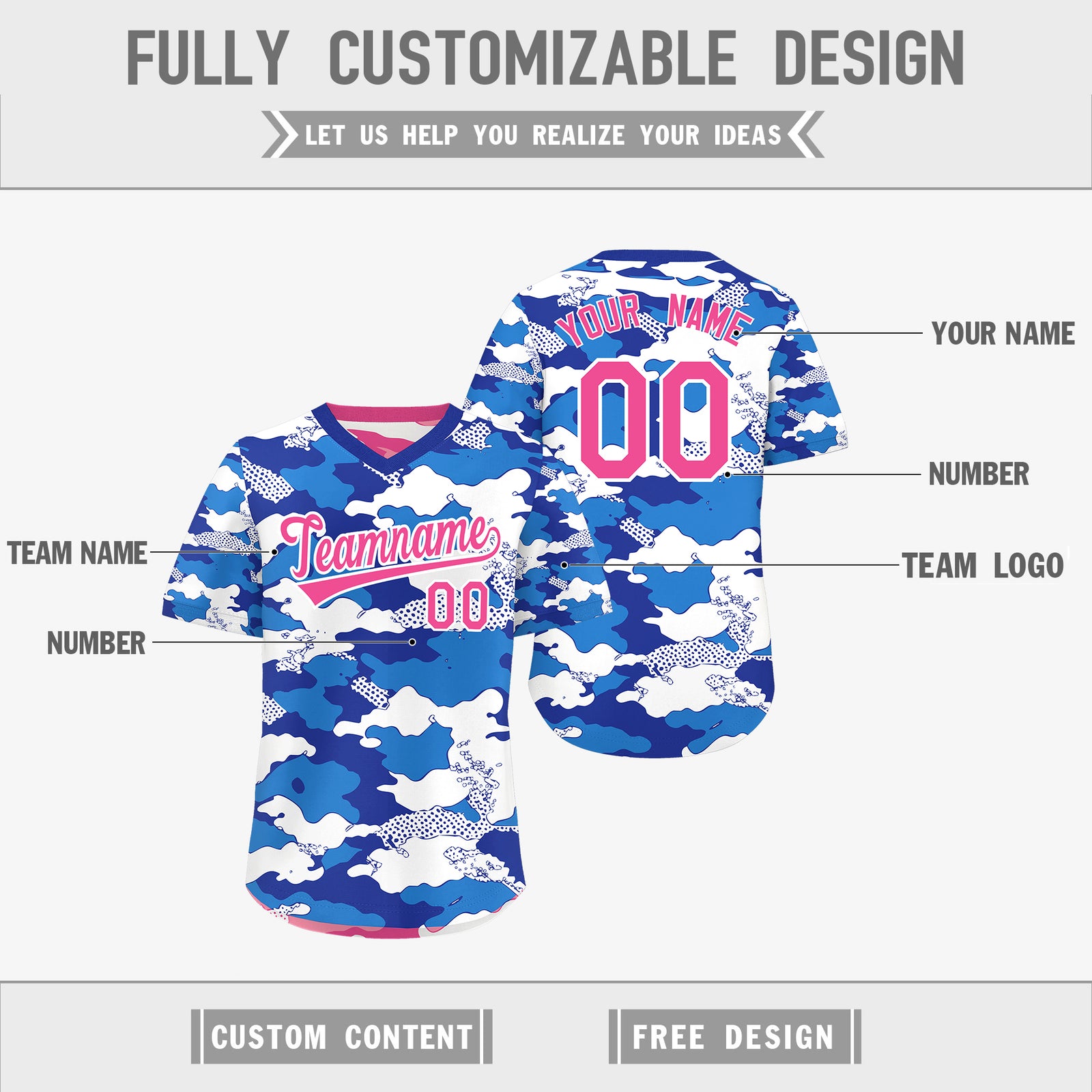 Custom Royal Blue Pink White Reversible Camo Breathable Baseball Jersey| KXKSHOP