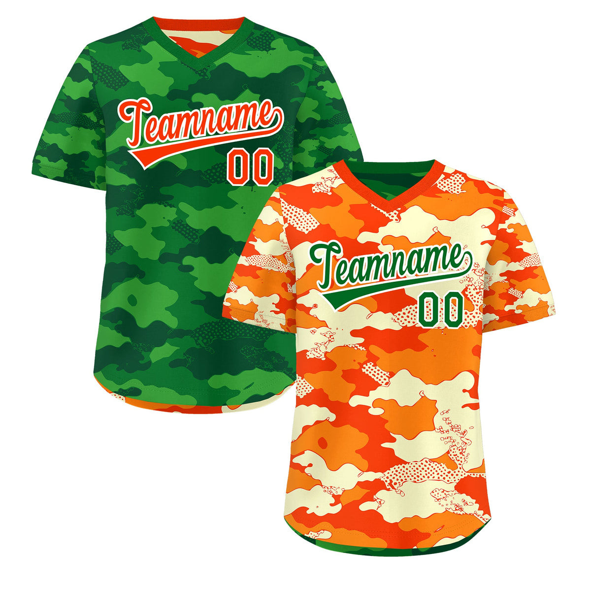 Custom Orange Dark Green Kelly Green Reversible Camo Stretch Fabric Baseball Jersey| KXKSHOP