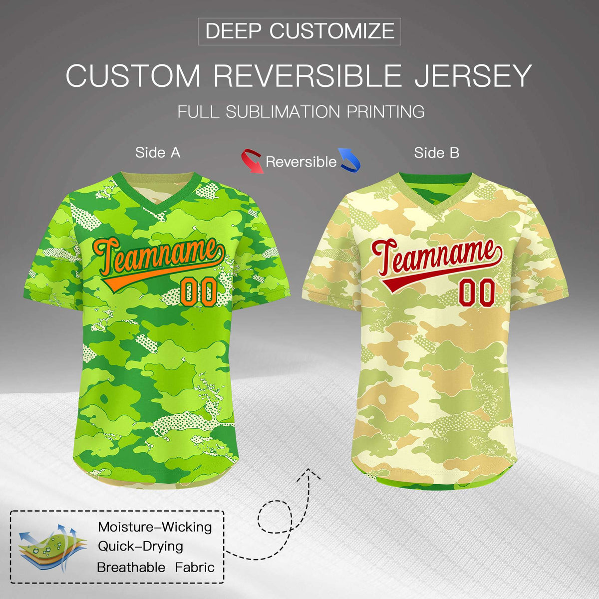 Custom Neon Green Cream Khaki Reversible Camo Breathable Baseball Jersey| KXKSHOP