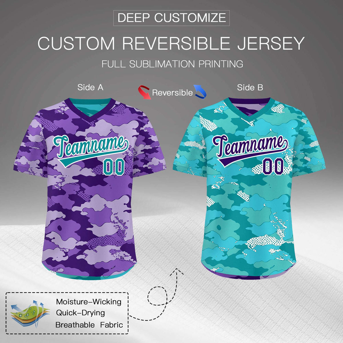 Custom Purple Light Purple Bright Green Reversible Camo Lightweight Baseball Jersey| KXKSHOP