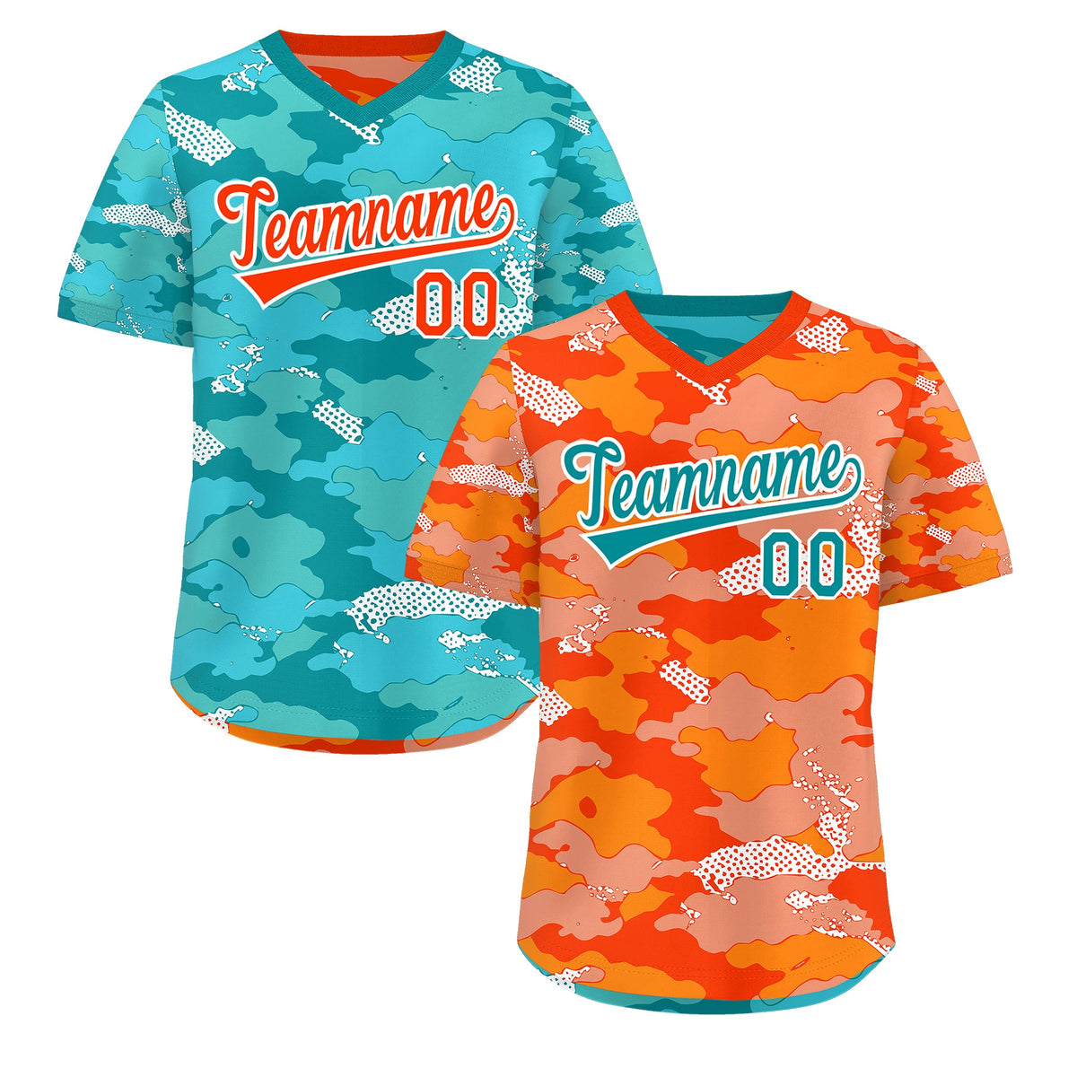 Custom Orange Light Orange Teal Reversible Camo Stretch Fabric Baseball Jersey| KXKSHOP