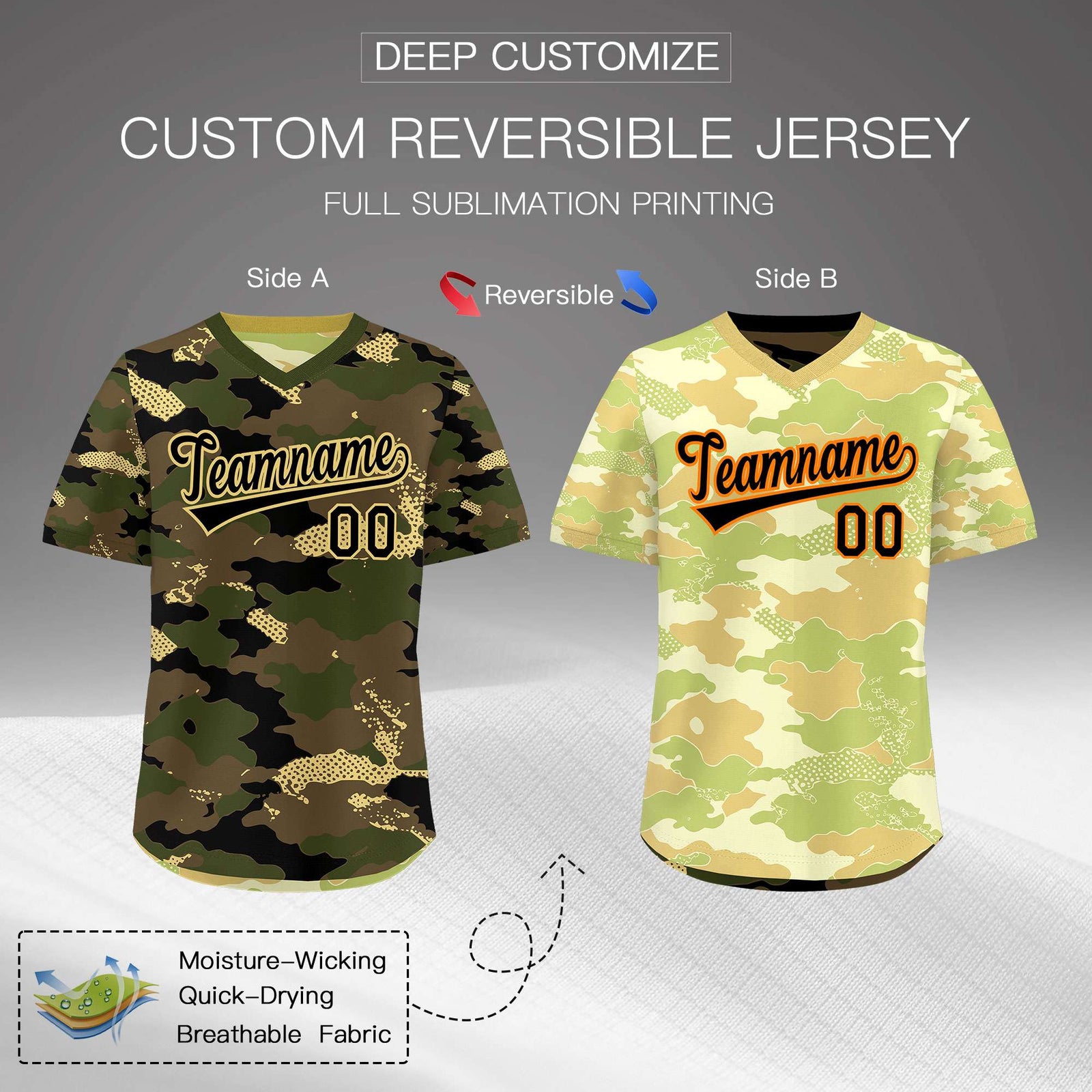 Custom Olive Light Brown Khaki Reversible Camo Lightweight Baseball Jersey| KXKSHOP