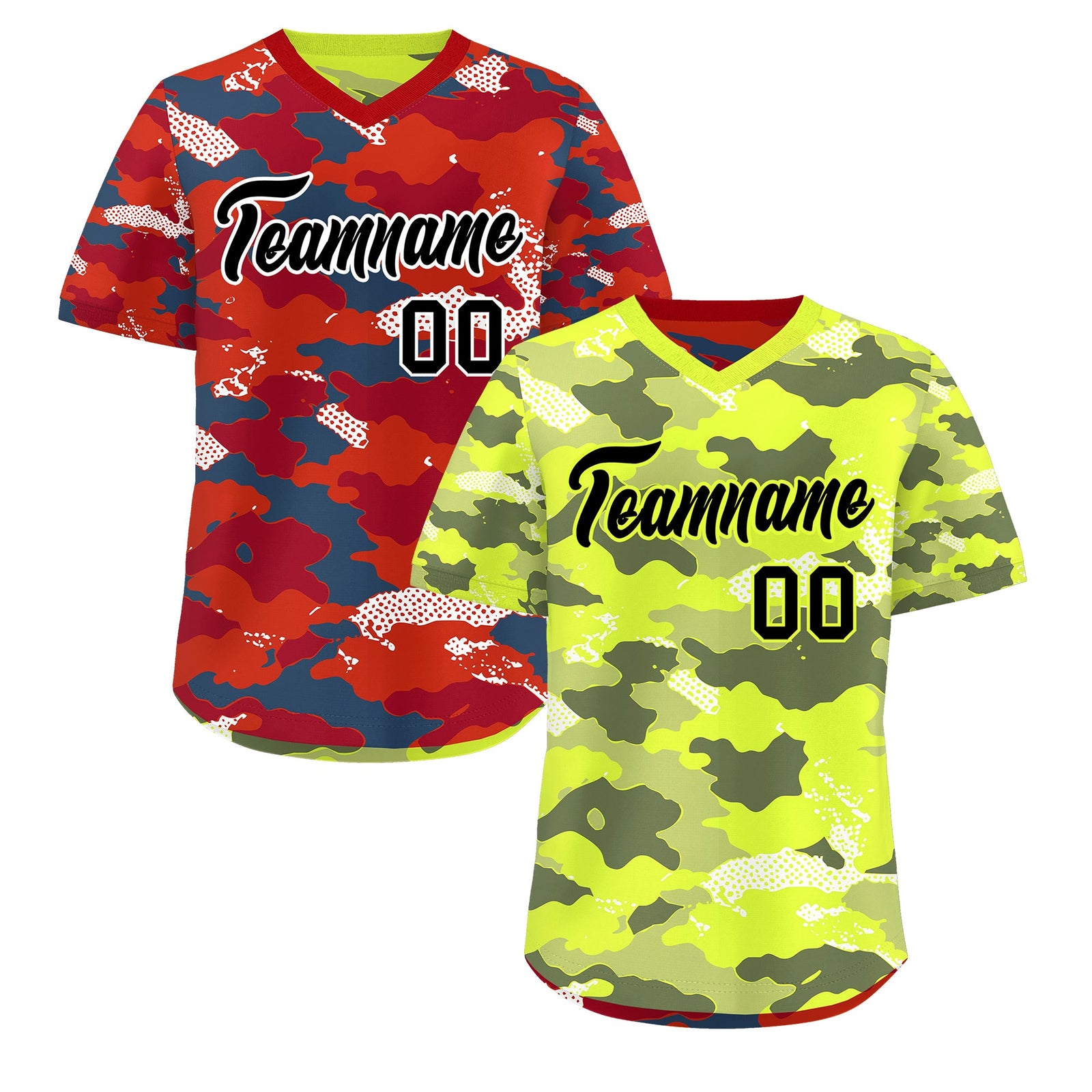 Custom Fluorescent Green Crimson Reversible Camo Stretch Fabric Baseball Jersey| KXKSHOP