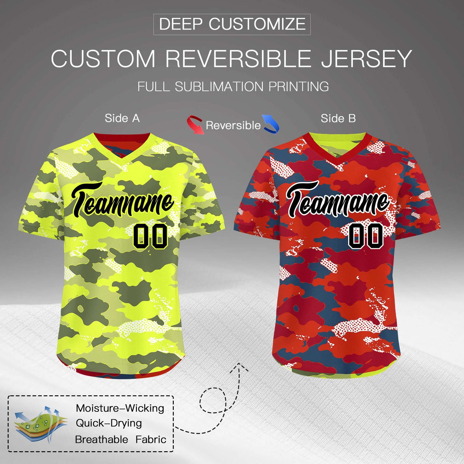 Custom Fluorescent Green Crimson Reversible Camo Stretch Fabric Baseball Jersey| KXKSHOP