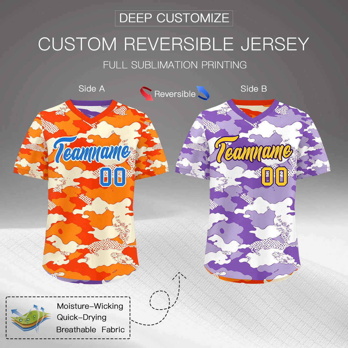 Custom Orange Purple Reversible Camo Breathable Baseball Jersey| KXKSHOP