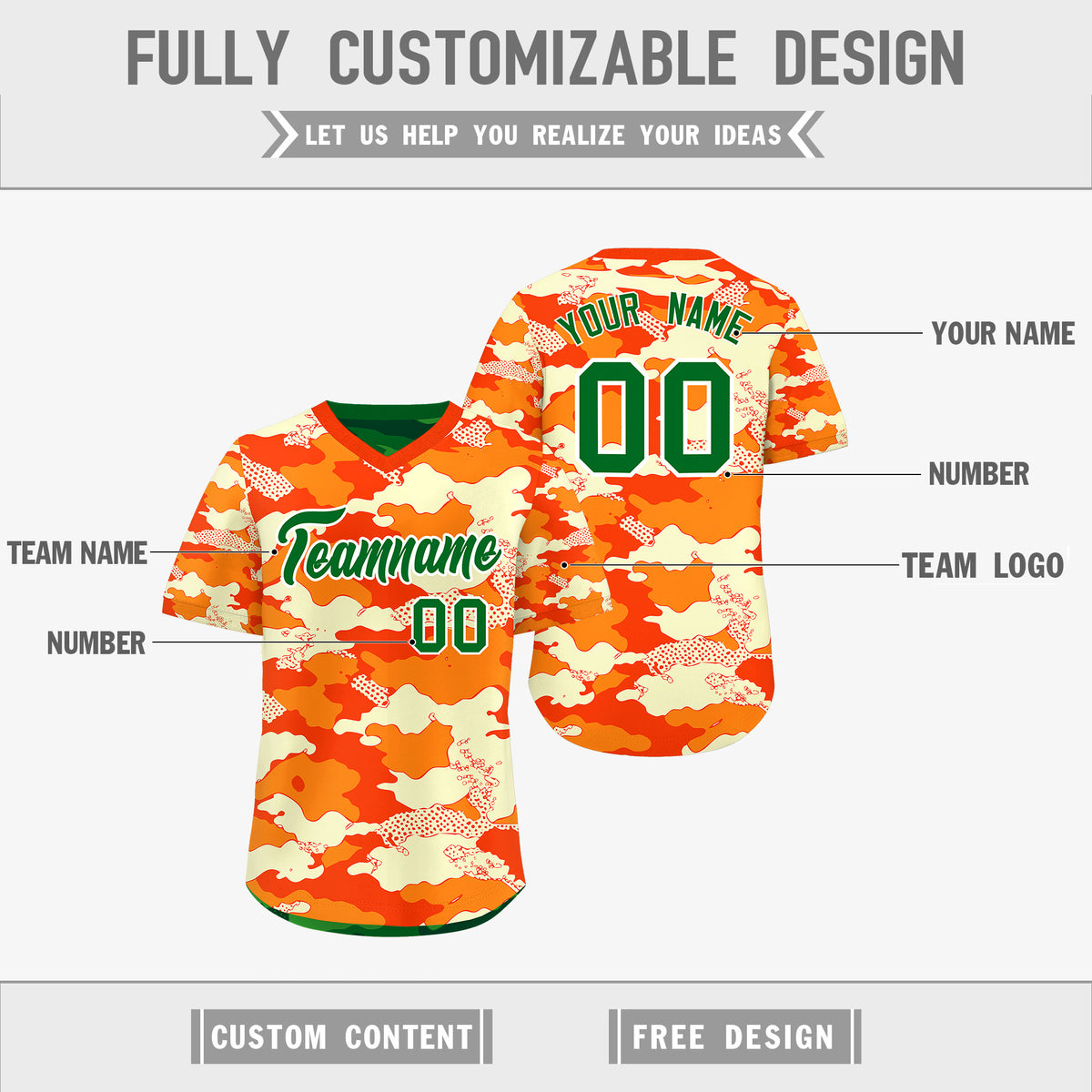 Custom Orange Dark Green Kelly Green Reversible Camo Stretch Fabric Baseball Jersey| KXKSHOP
