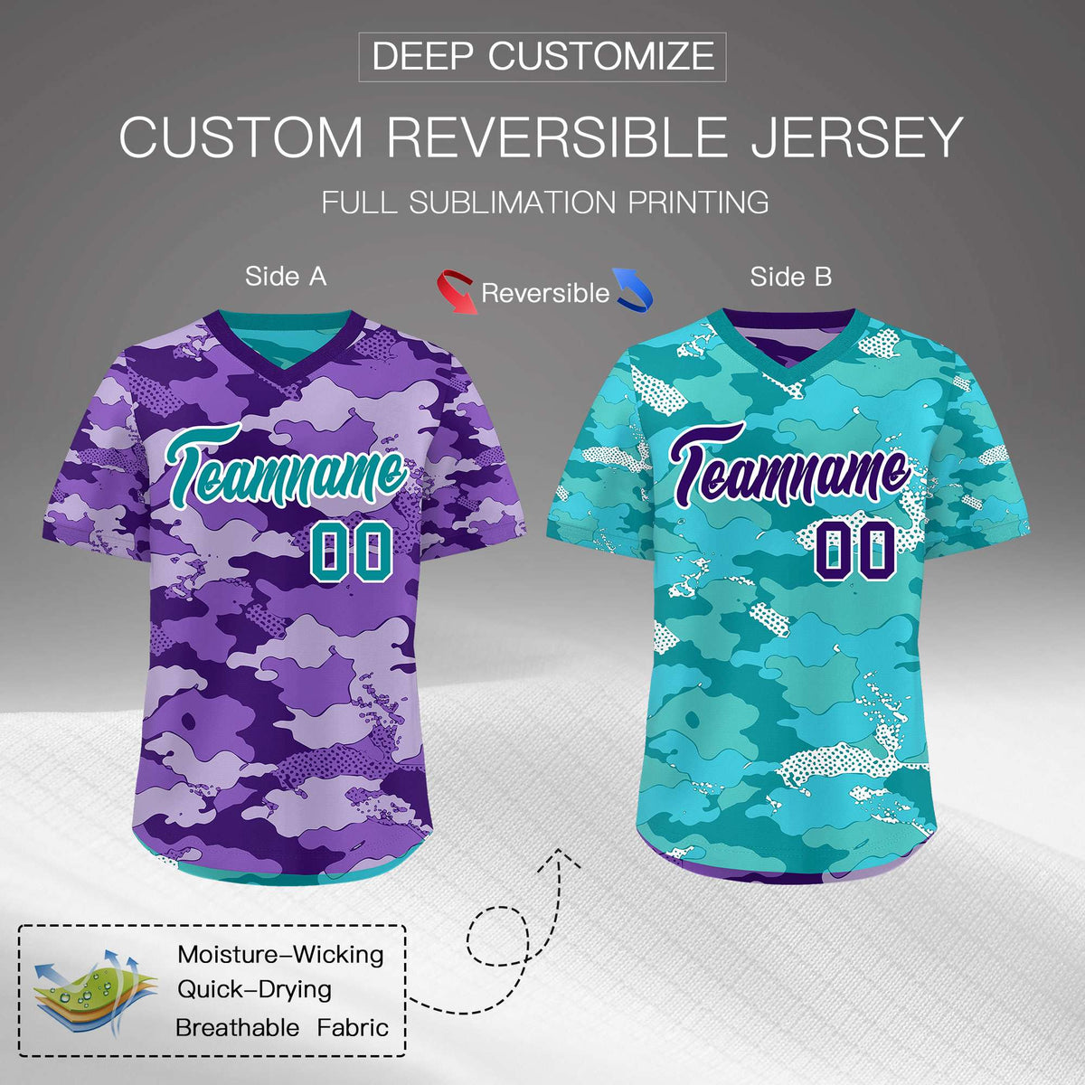 Custom Purple Light Purple Bright Green Reversible Camo Lightweight Baseball Jersey| KXKSHOP