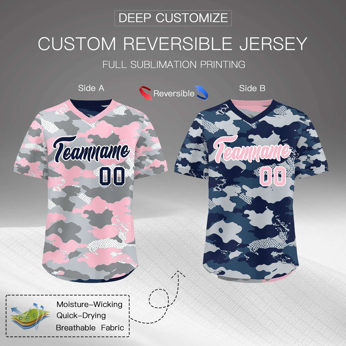 Custom Silver Gray Light Pink Reversible Camo Lightweight Baseball Jersey| KXKSHOP