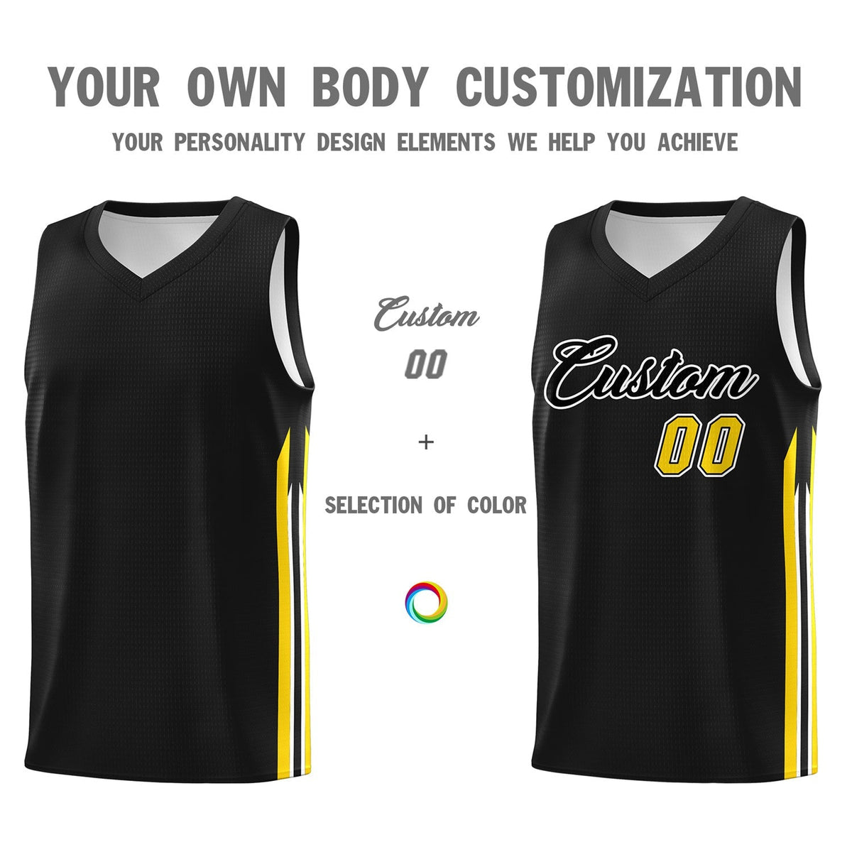 Custom  Black Yellow Classic Tops Sport Game Basketball Jersey