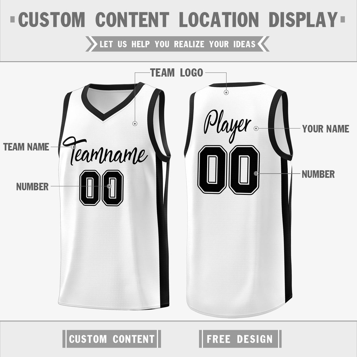 Custom White Black Classic Tops Basketball Jersey