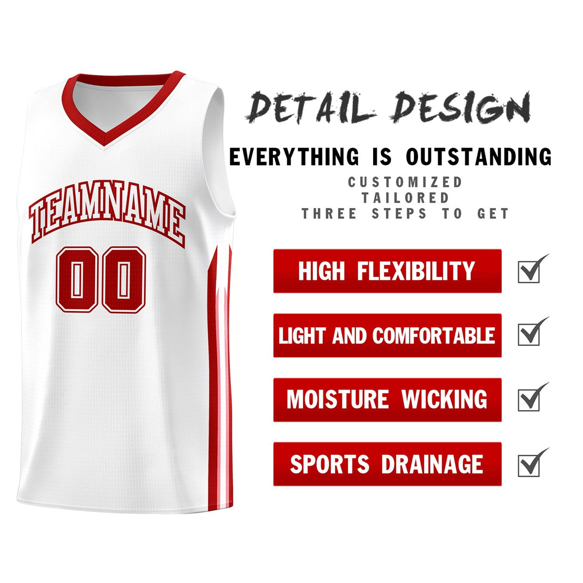 Custom White Red Classic Tops Athletic Casual Basketball Jersey