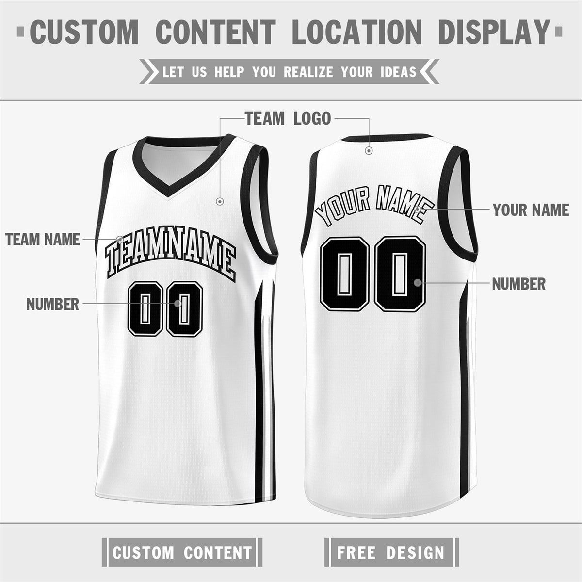 Custom  White Black Classic Tops Fashion Sportwear Basketball Jersey