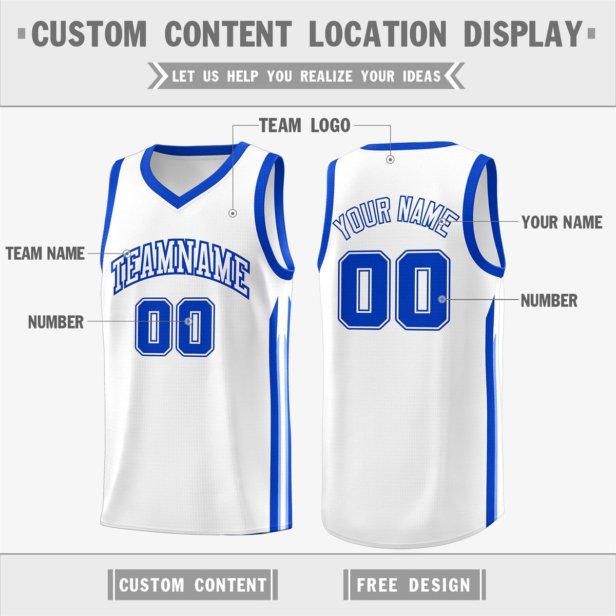 Custom White Royal Classic Tops Athletic Casual Basketball Jersey