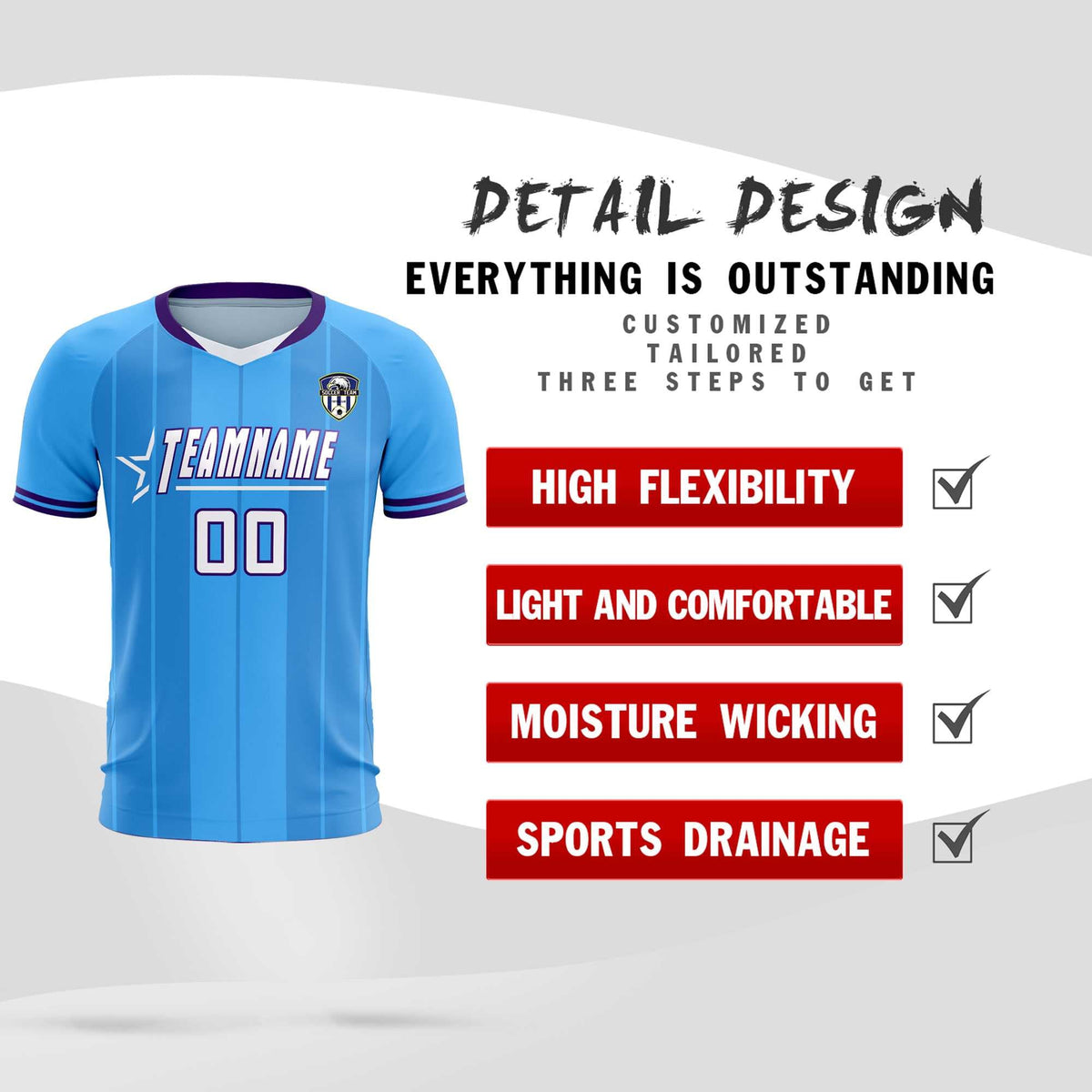 Custom Powder Blue Classic Striped Personalized Soccer Tops/Sets Jersey