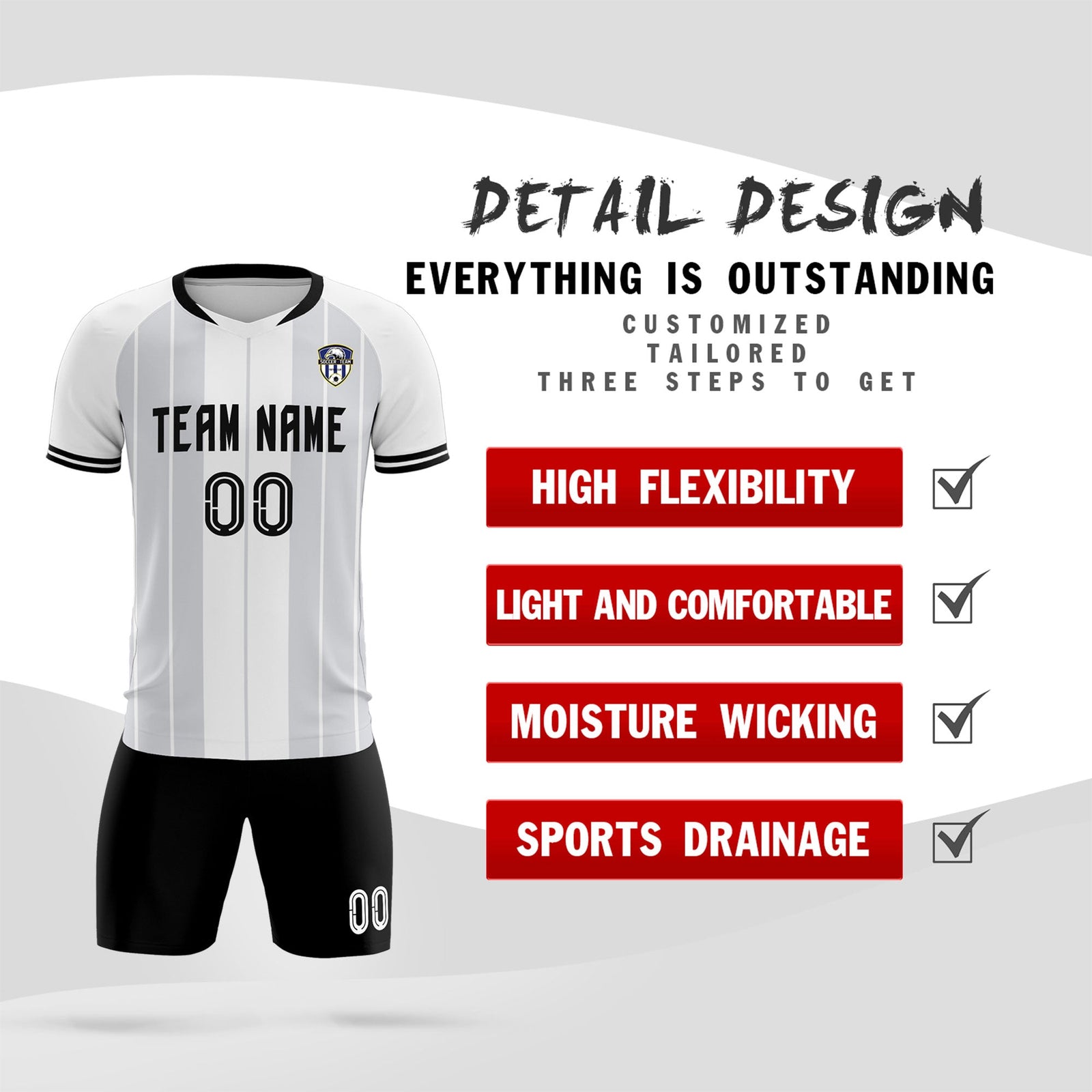 Custom White Classic Striped Personalized Soccer Tops/Sets Jersey