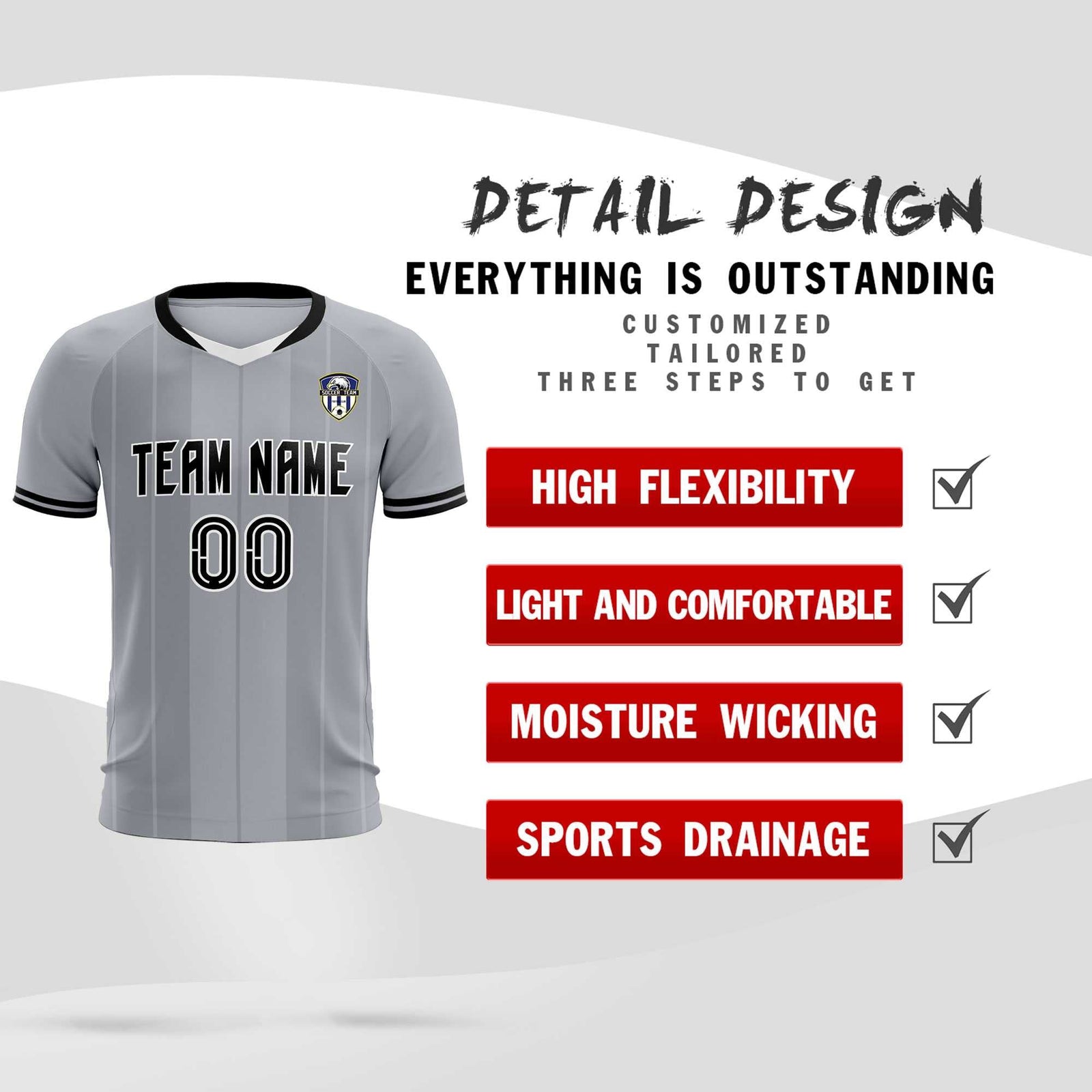 Custom Gray Classic Striped Personalized Soccer Tops/Sets Jersey