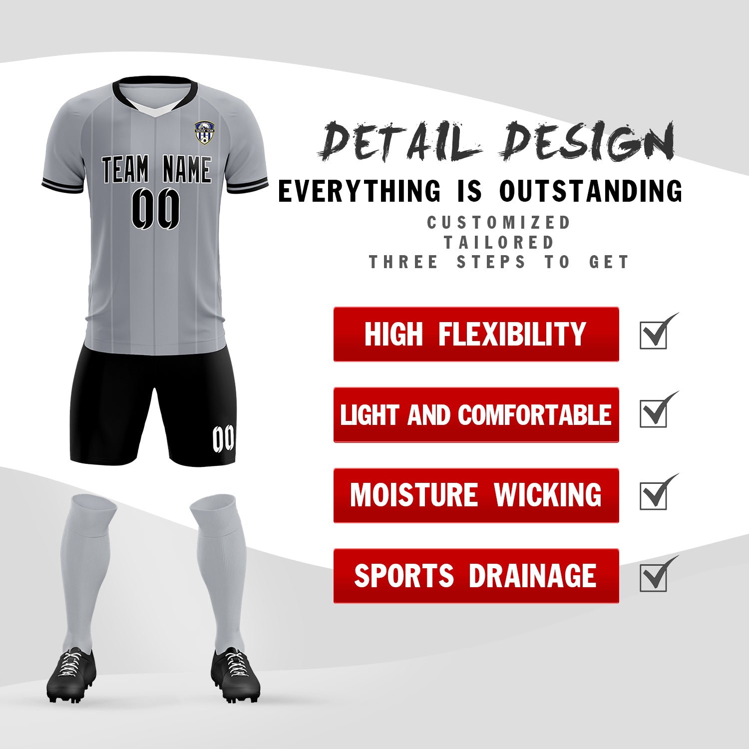 Custom Gray Classic Striped Personalized Soccer Tops/Sets Jersey
