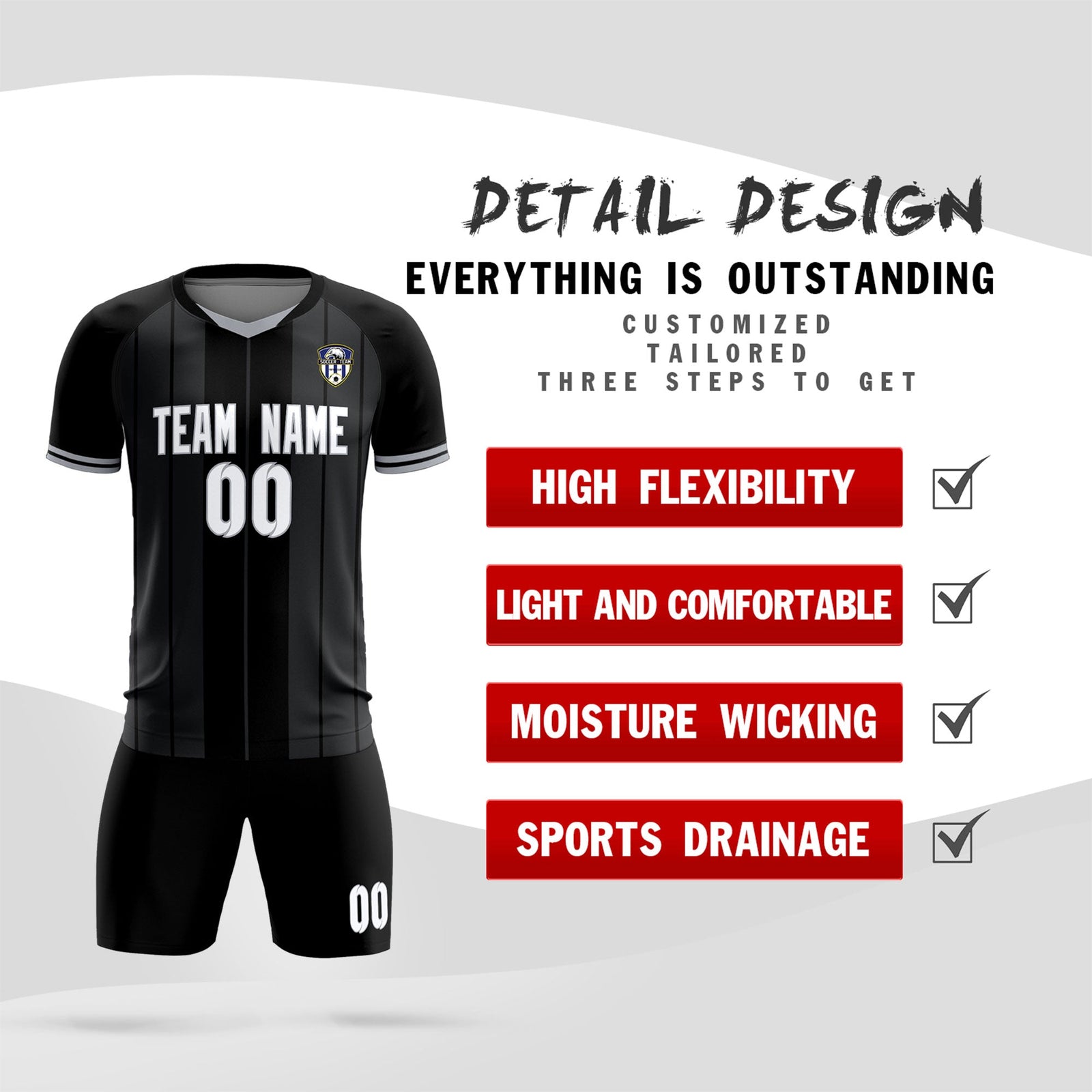 Custom Black Classic Striped Personalized Soccer Tops/Sets Jersey