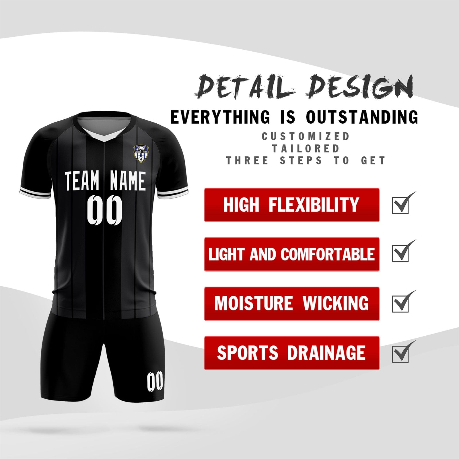 Custom Black Classic Striped Personalized Soccer Tops/Sets Jersey