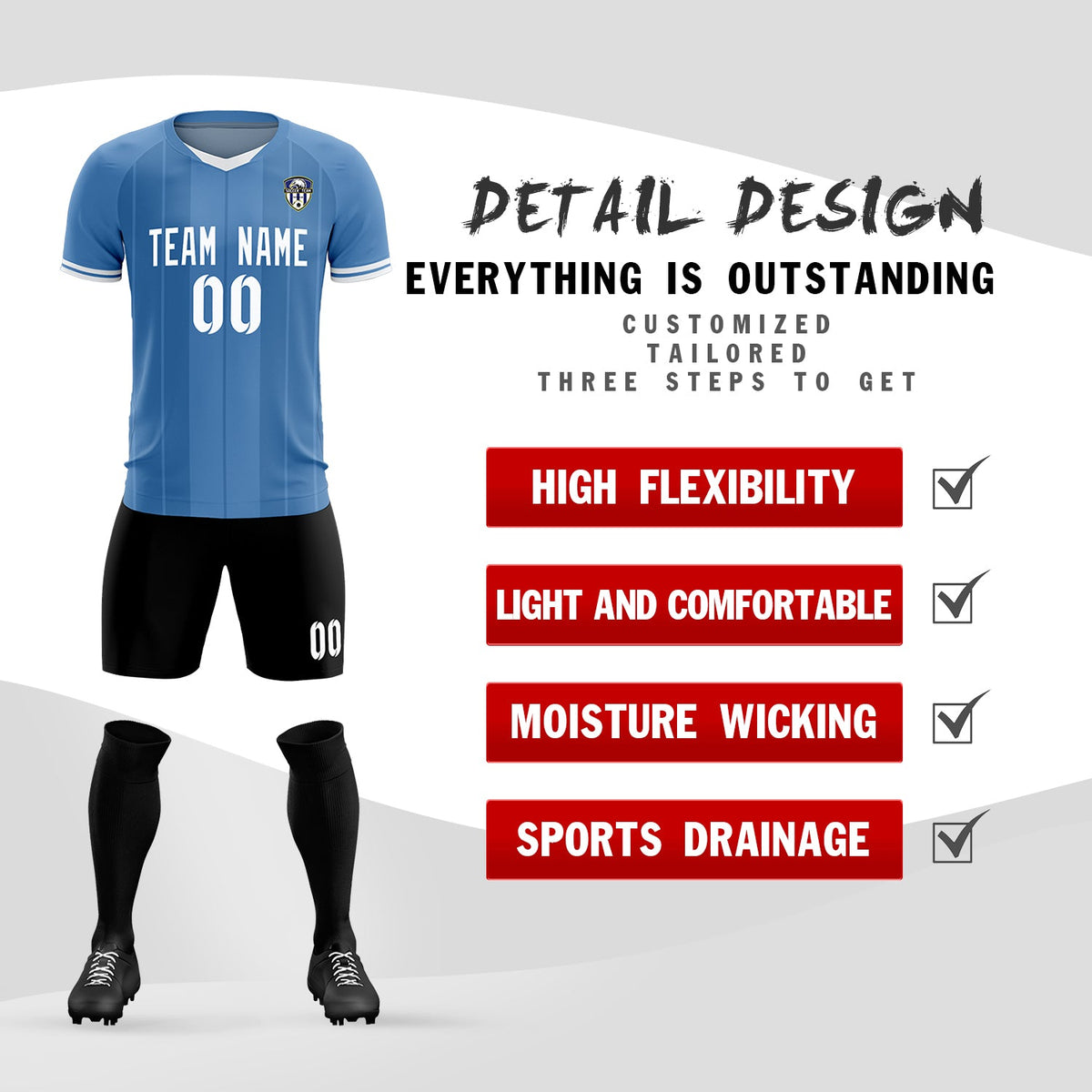 Custom Light Blue Classic Striped Personalized Soccer Tops/Sets Jersey