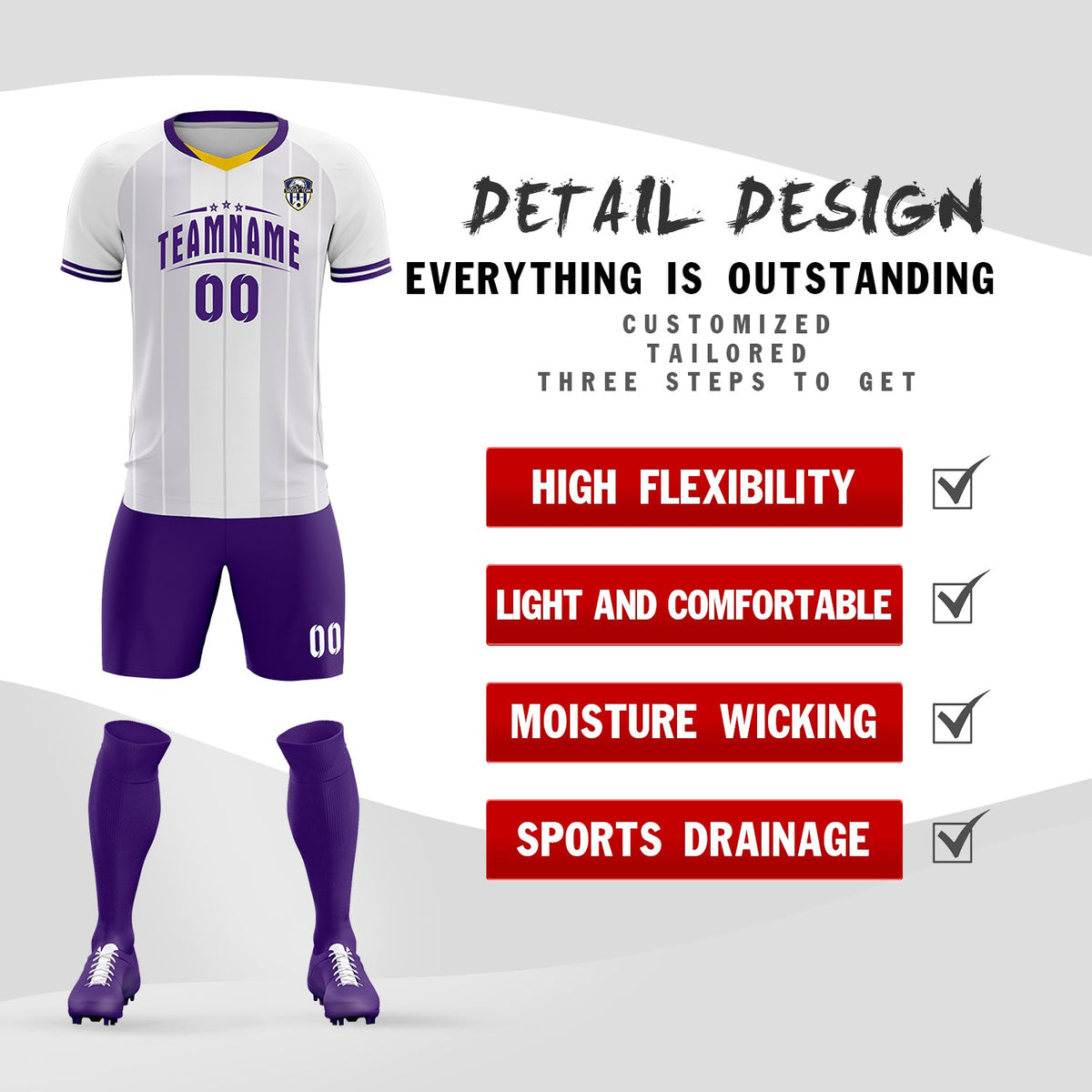 Custom White Classic Striped Personalized Soccer Tops/Sets Jersey