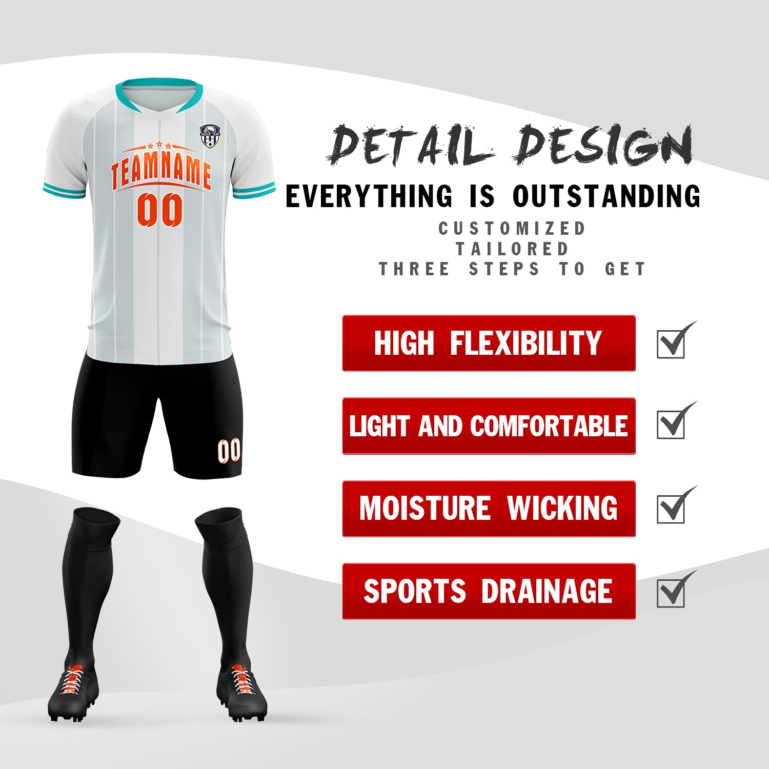 Custom White Classic Striped Personalized Soccer Tops/Sets Jersey