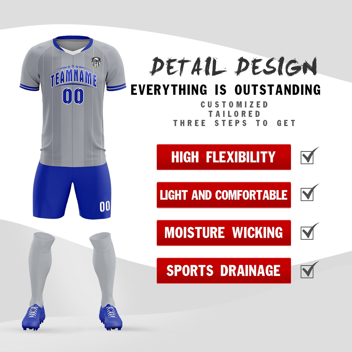 Custom Gray Classic Striped Personalized Soccer Tops/Sets Jersey