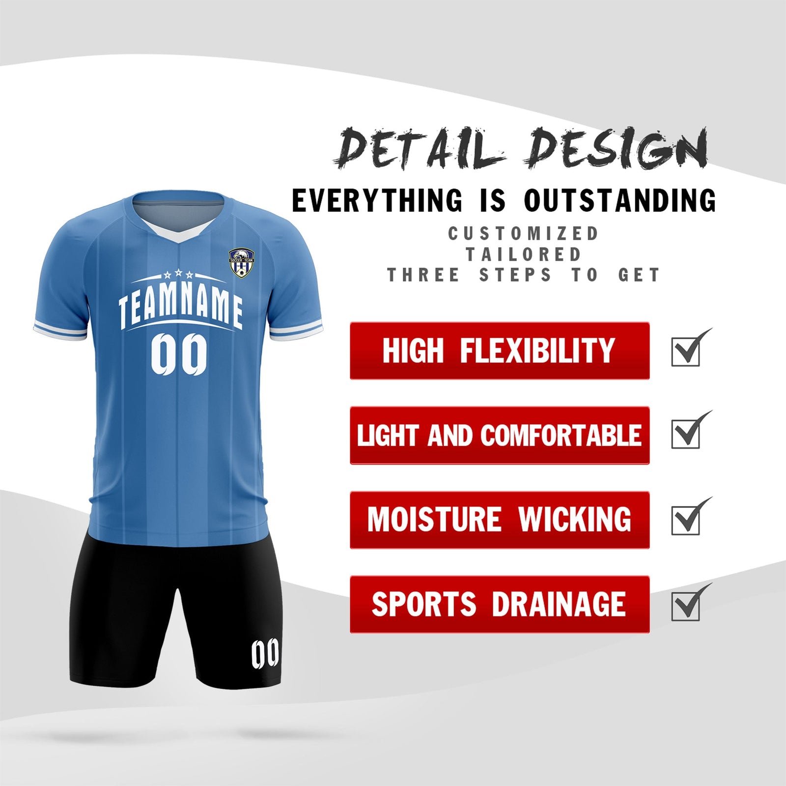 Custom Light Blue Classic Striped Personalized Soccer Tops/Sets Jersey