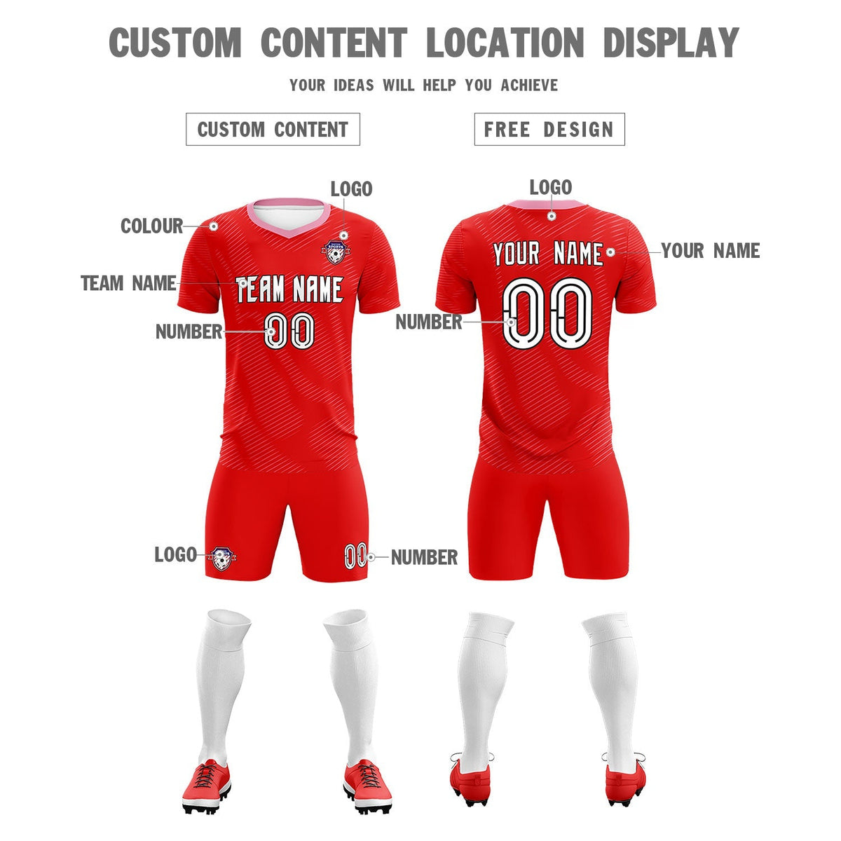 Custom Red Light Pink Training Uniform For Men Soccer Sets Jersey