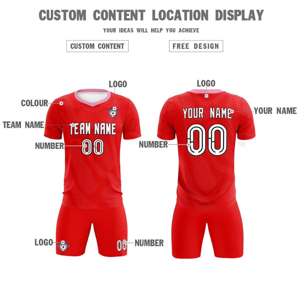 Custom Red Light Pink Training Uniform For Men Soccer Sets Jersey