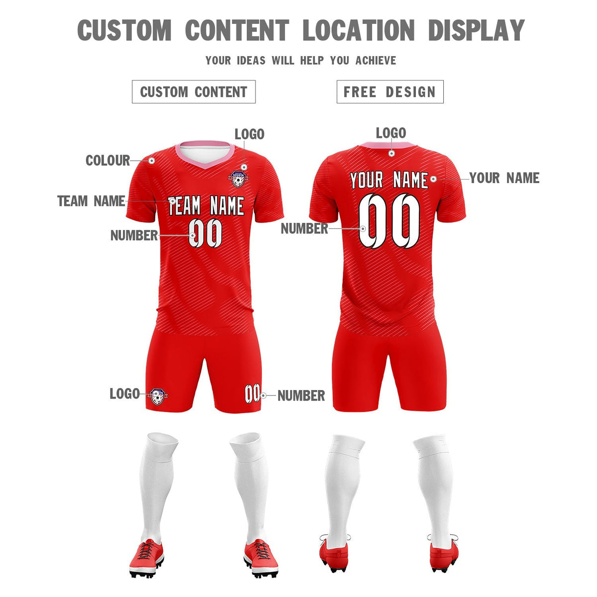 Custom Red Light Pink Training Uniform For Men Soccer Sets Jersey