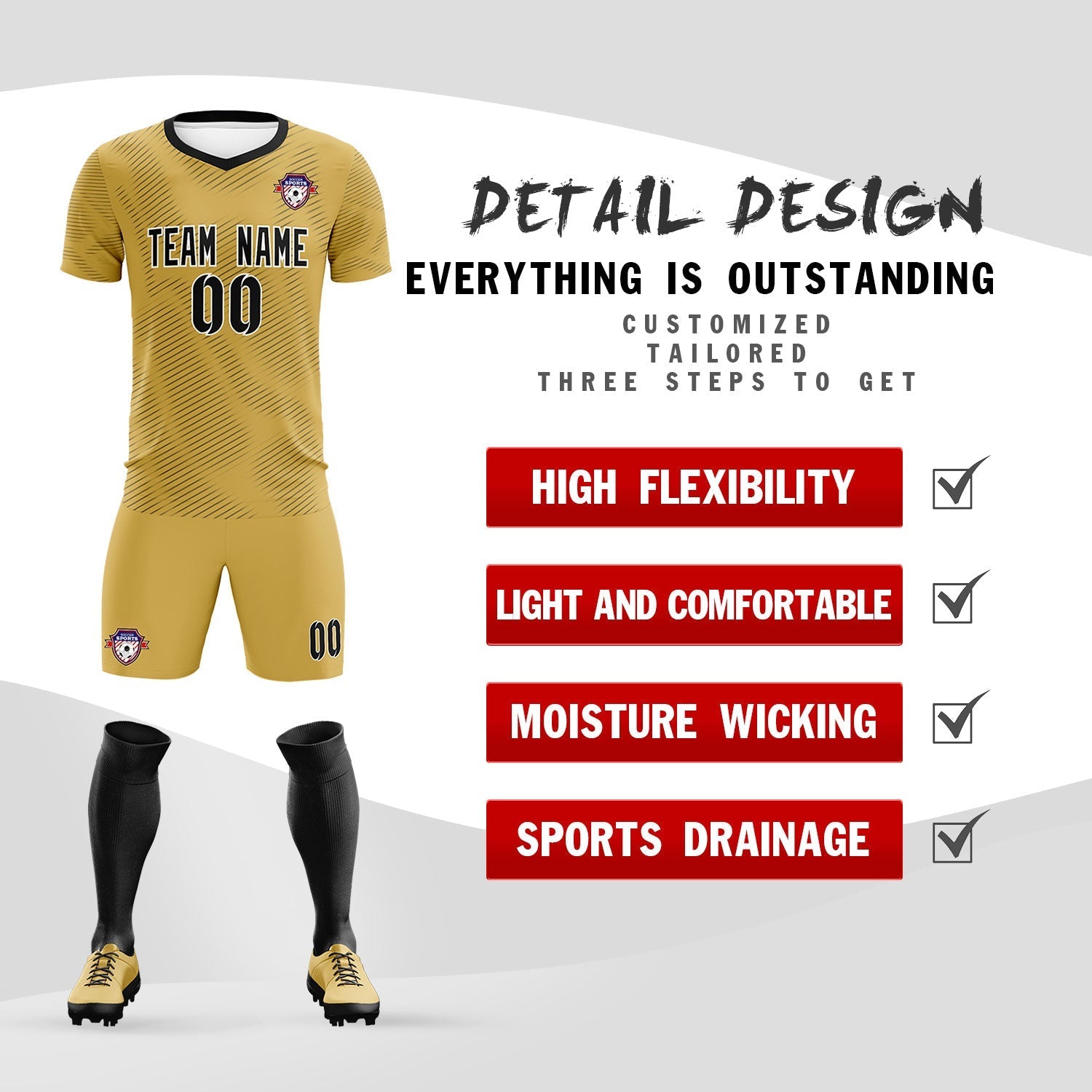 Custom Old Gold Black Training Uniform For Men Soccer Sets Jersey