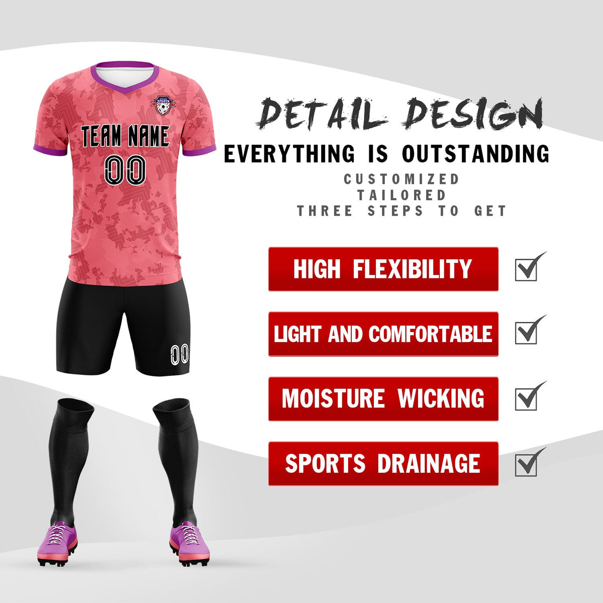 Custom Light Red Camo sports Soccer Tops/Sets Jersey