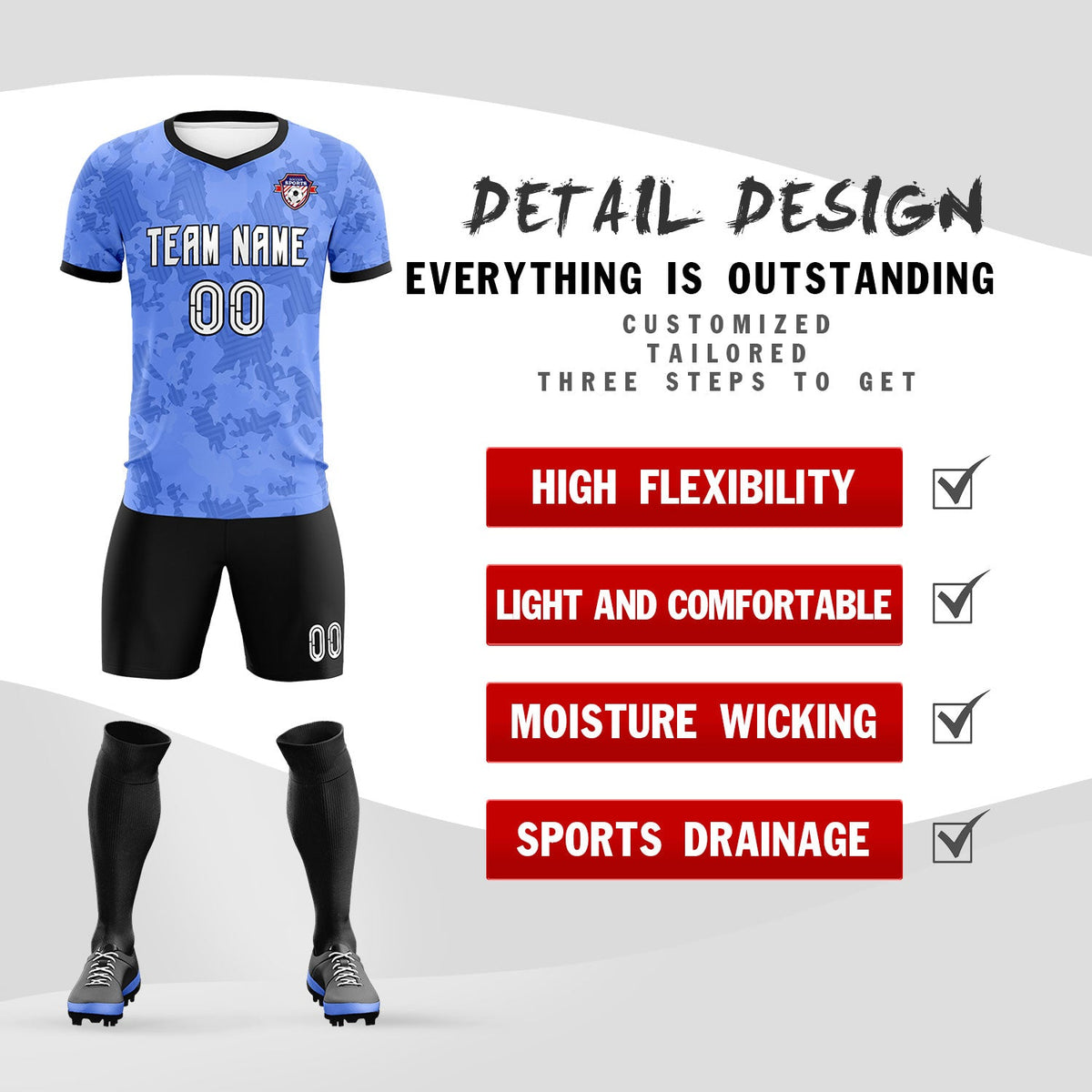 Custom Light Blue Camo sports Soccer Tops/Sets Jersey