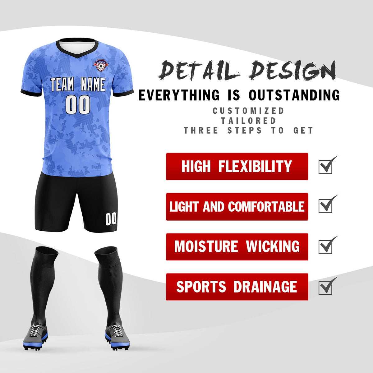 Custom Light Blue Camo sports Soccer Tops/Sets Jersey