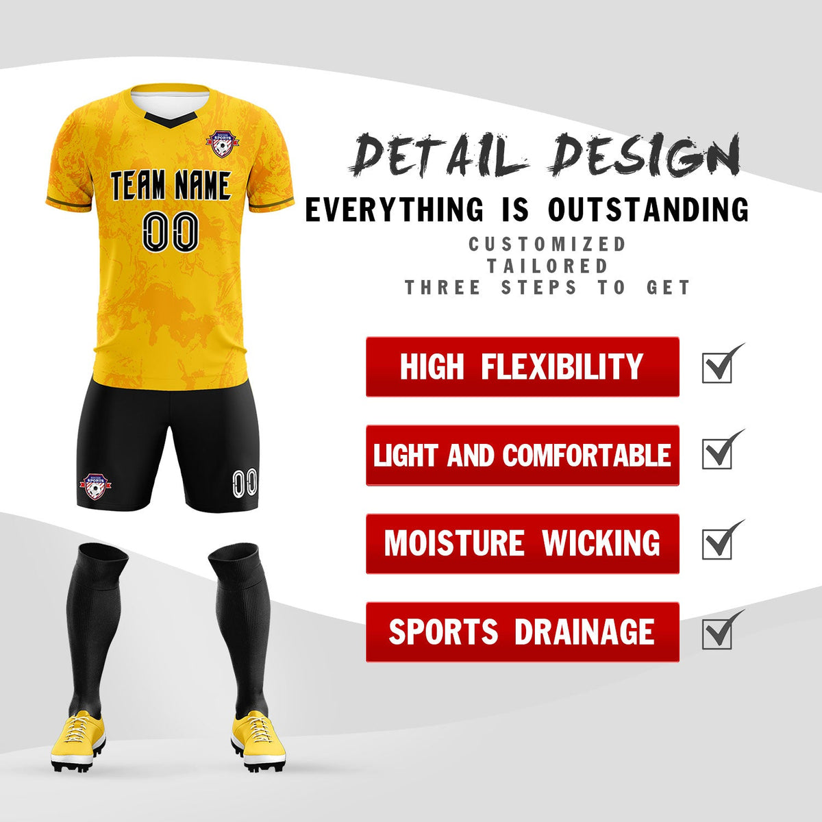Custom Gold Classic Graffiti Pattern Sportswear Soccer Tops/Sets Jersey