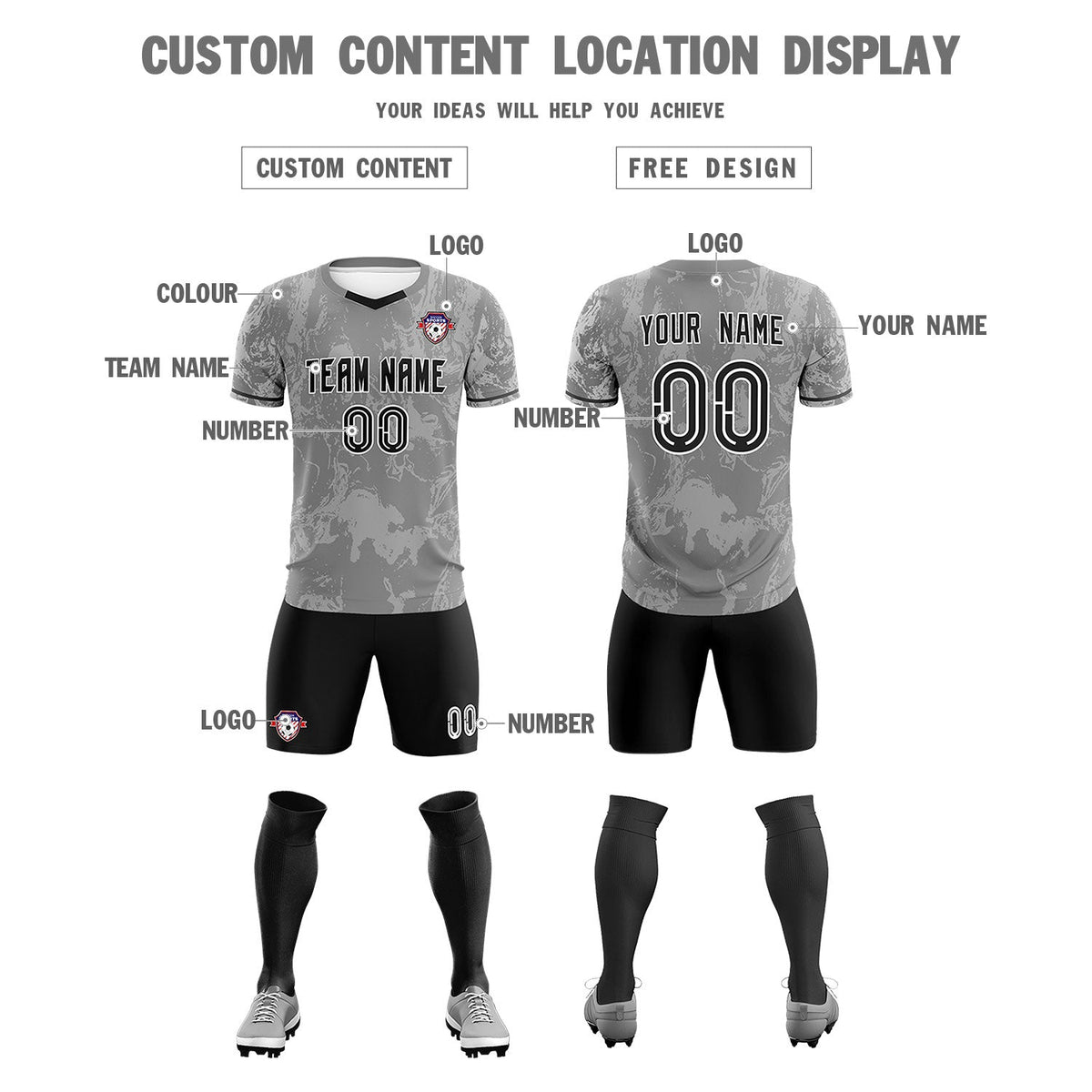 Custom Gray Classic Graffiti Pattern Sportswear Soccer Tops/Sets Jersey