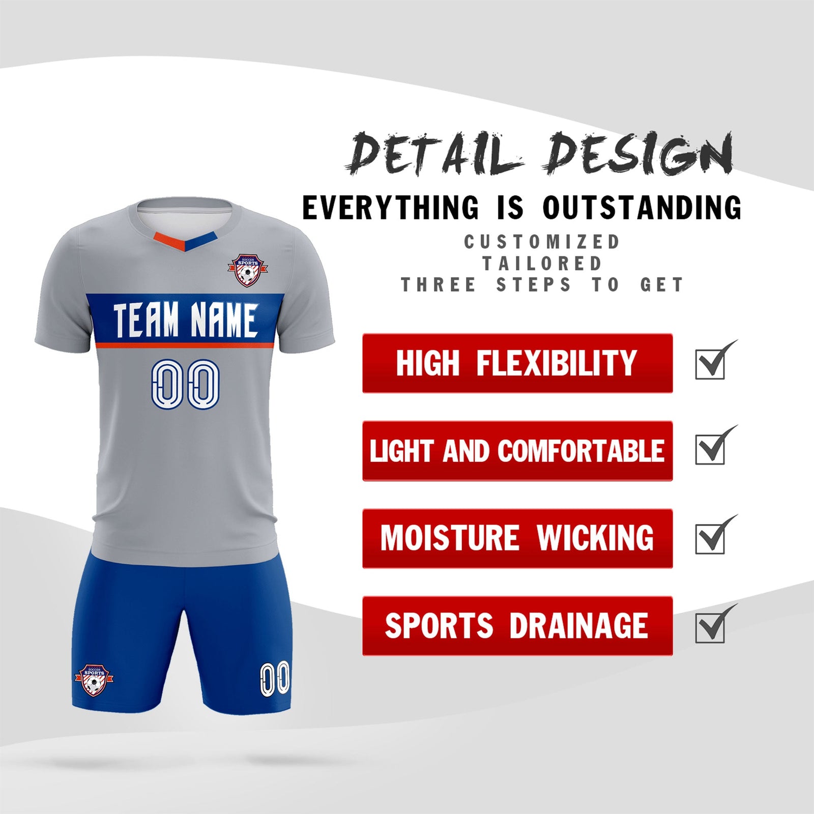 Custom Gray Classic Sports Sets Soccer Shirt Jersey