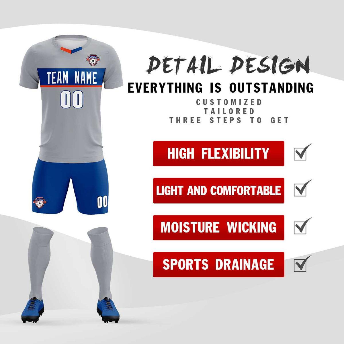 Custom Gray Classic Sports Sets Soccer Shirt Jersey