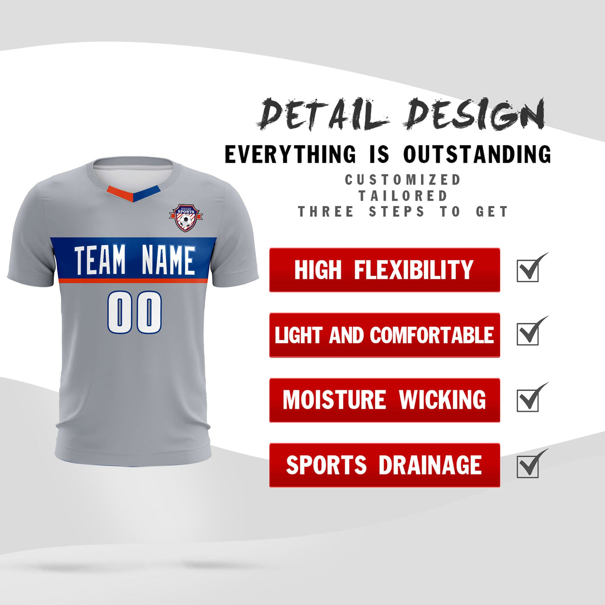 Custom Gray Classic Sports Sets Soccer Shirt Jersey