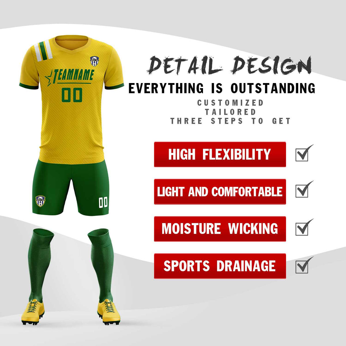 Custom Gold Striped Sportswear Soccer Tops/Sets Jersey For Adults