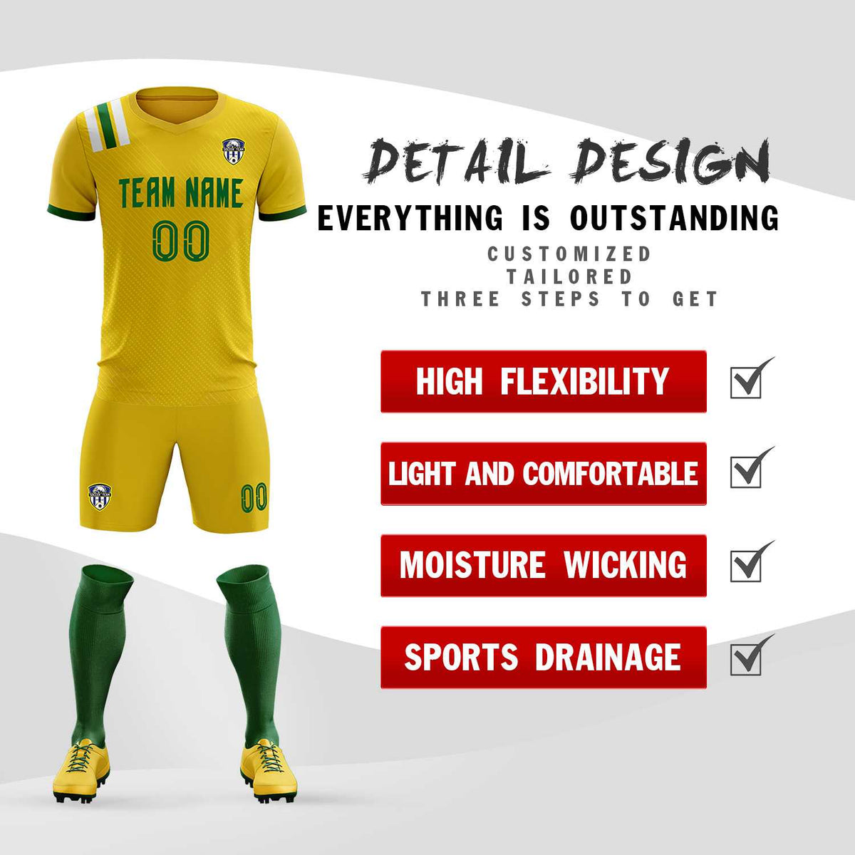 Custom Gold Striped Sportswear Soccer Tops/Sets Jersey For Adults