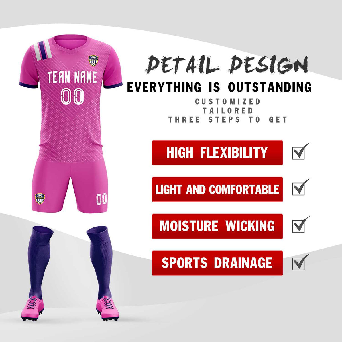 Custom Light Red Striped Sportswear Soccer Tops/Sets Jersey For Adults