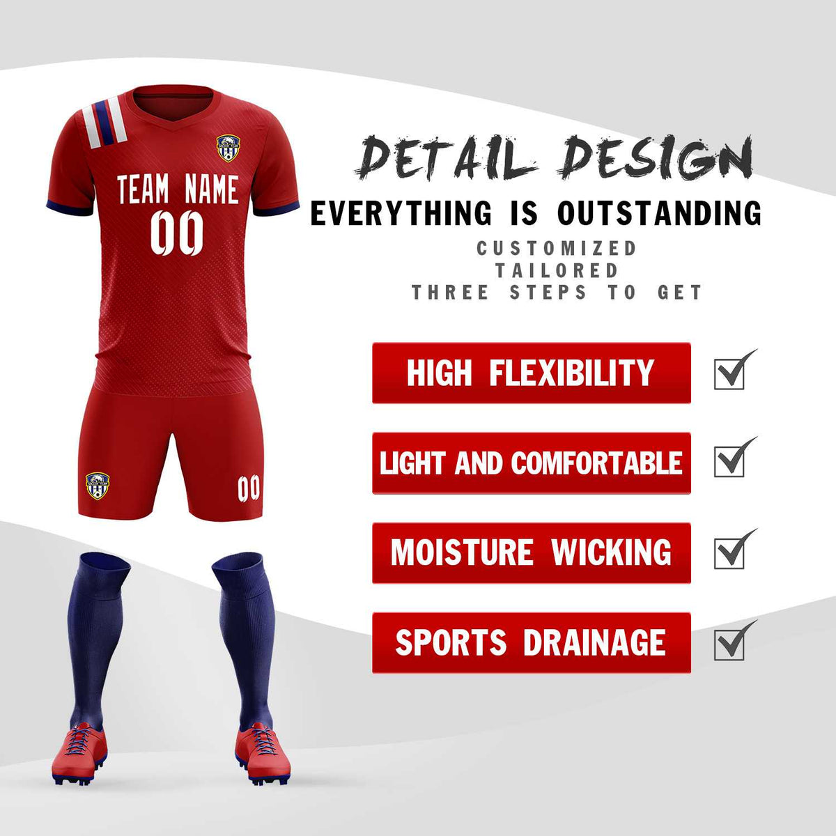Custom Red Striped Sportswear Soccer Tops/Sets Jersey For Adults