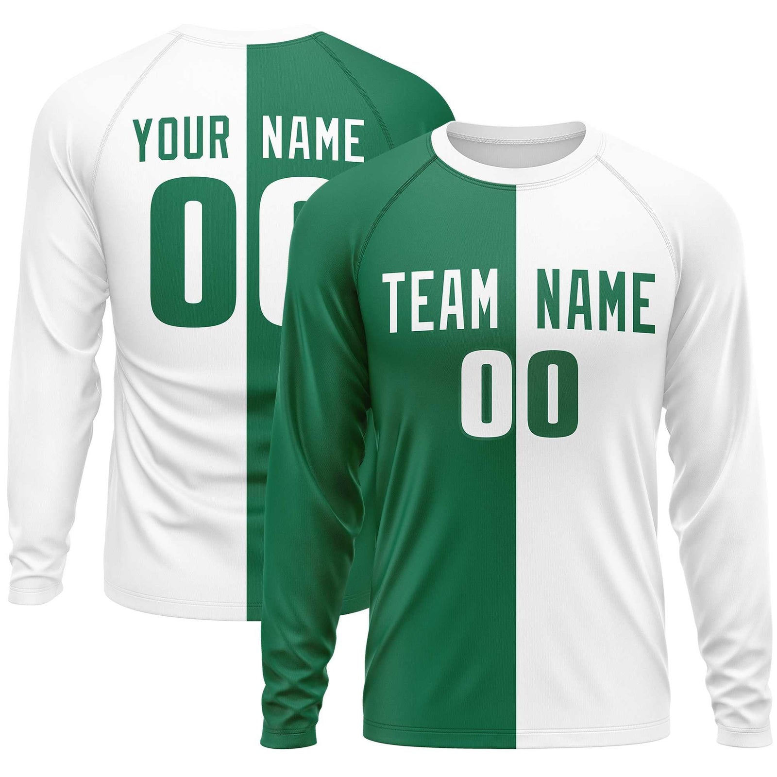 Custom Kelly Green White Neck Split Design Long Sleeve Performance T-Shirt
