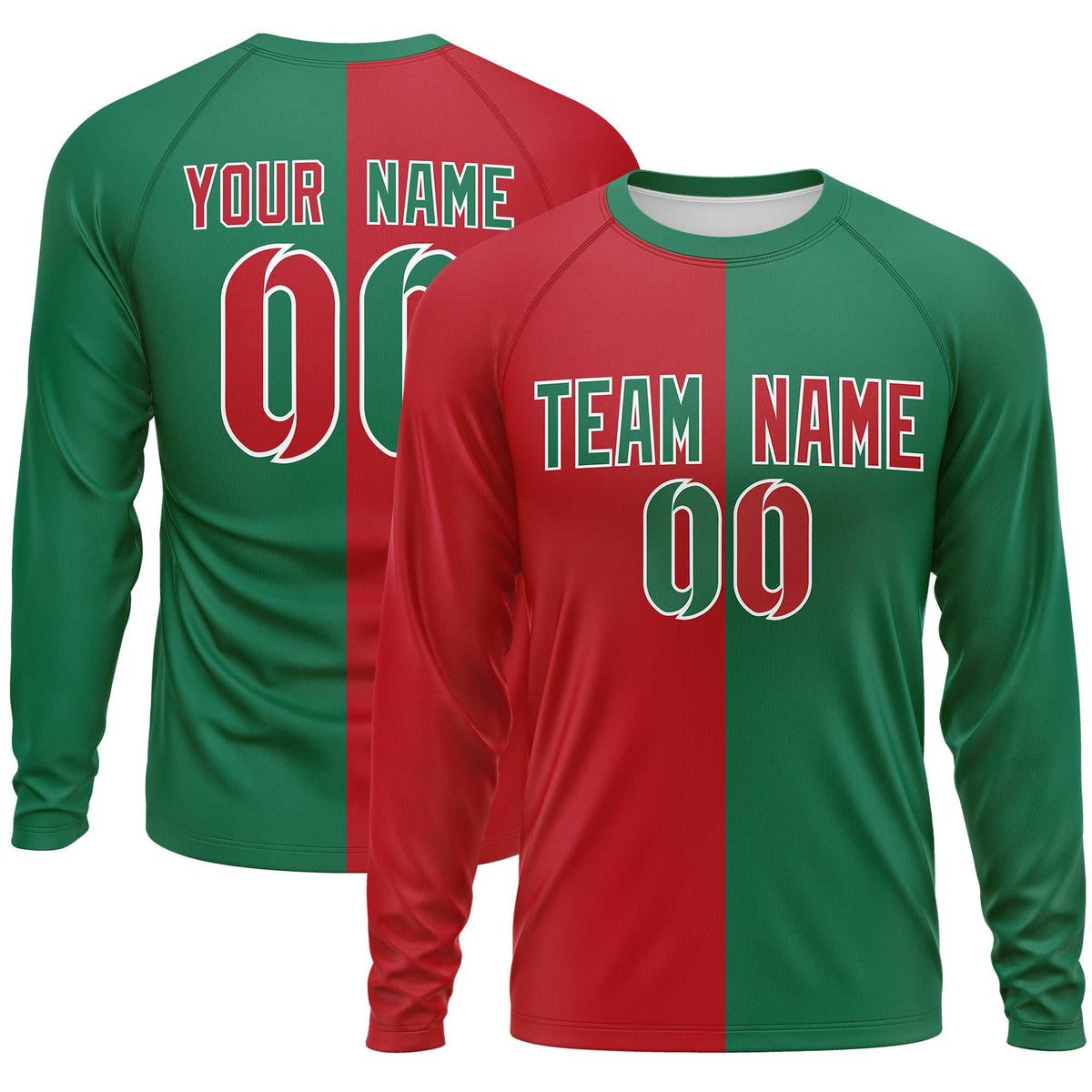 Custom Red Kelly Green Neck Split Design Long Sleeve Performance T-Shirt