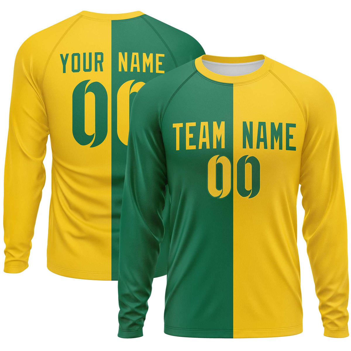 Custom Kelly Green Gold Neck Split Design Long Sleeve Performance T-Shirt