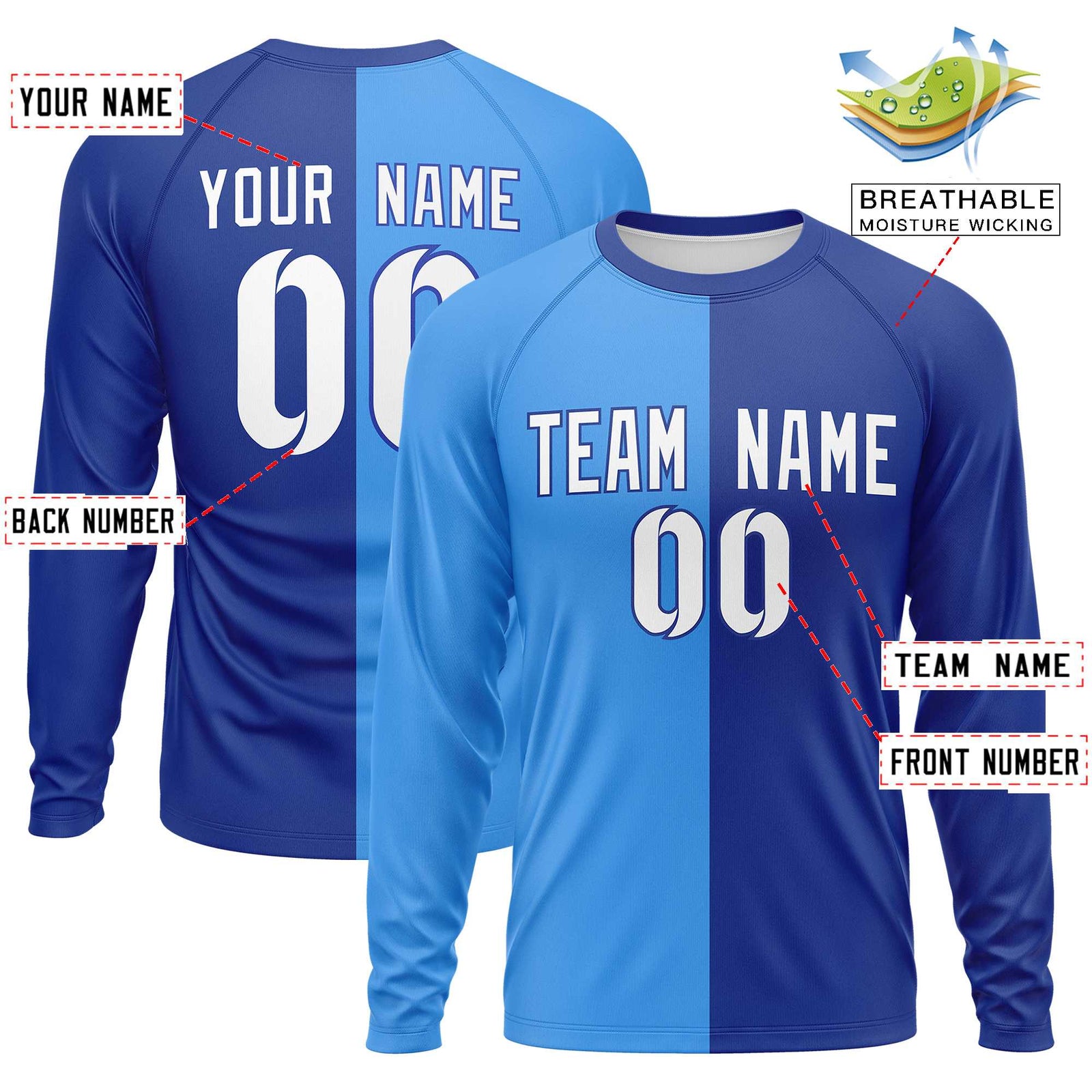 Custom Powder Blue Royal Neck Split Design Long Sleeve Performance T-Shirt